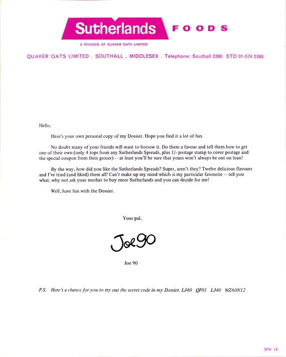 Covering letter with the Joe 90 Dossier